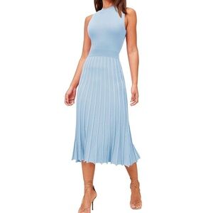 Sleeveless High Waisted Bodycon Pleated Ribbed Swing Knit Blue Midi Dress